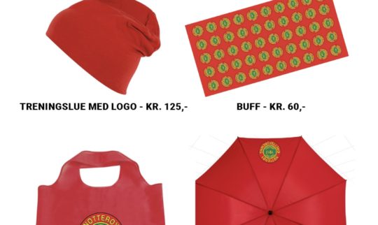 Rød lue, buff, handlenett og paraply med NIF-logo